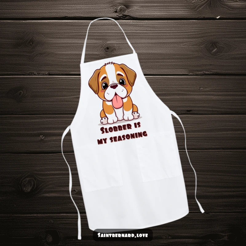 Funny Kawaii Saint Bernard apron, perfect for cooking, with a happy panting dog offering a slobbery toy as a kitchen companion.