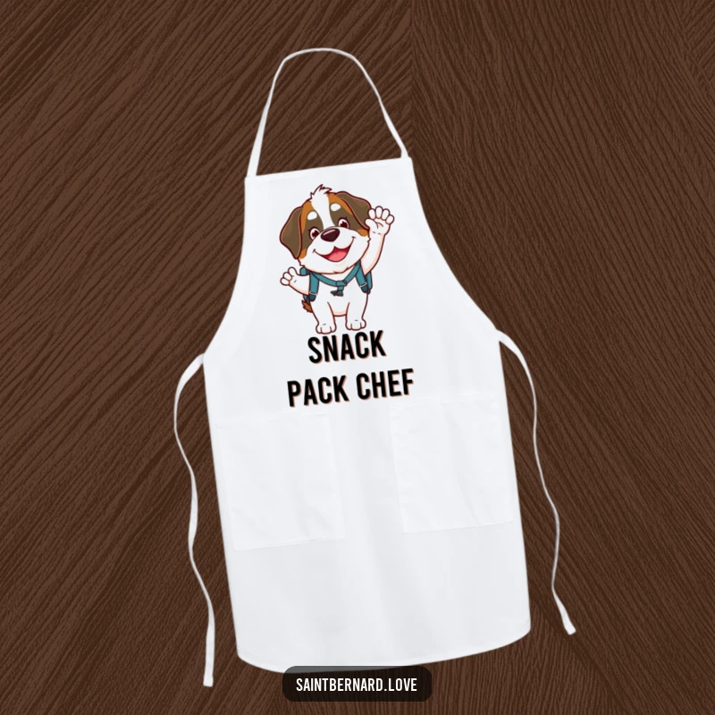 Funny Saint Bernard apron showing a goofy character wearing a backpack and waving with a happy smile, ideal for cooking and baking activities.