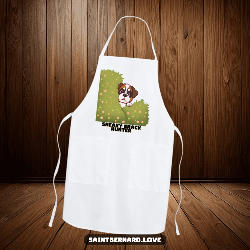 Funny Saint Bernard Apron: Kitchen apron with a Saint Bernard peeking mischievously from behind a bush, a humorous and functional cooking accessory.