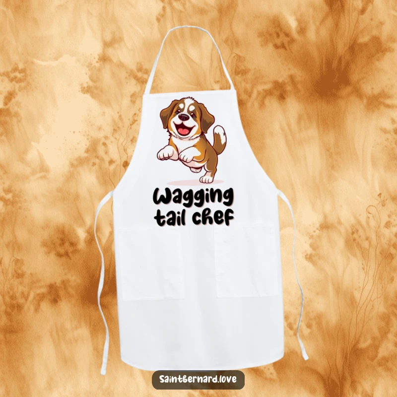 Funny Saint Bernard apron showing a happy dog with a wagging tail enthusiastically playing fetch, perfect for a joyful cooking experience.