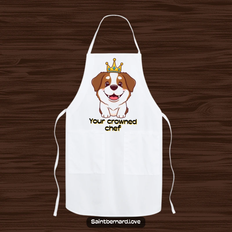 Funny Saint Bernard apron showing a happy dog with a grin wearing a tiny crown, ready to cook like royalty.