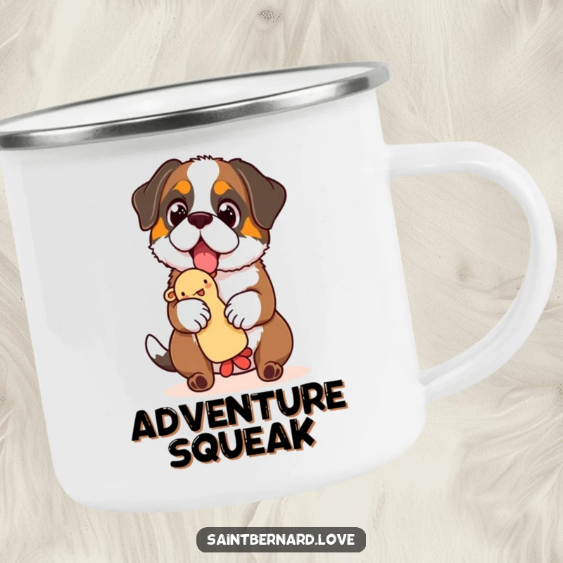 Funny Saint Bernard camping mug, a durable mug with a dog showing sparkling eyes, balancing a squeaky toy, perfect for adventurers.