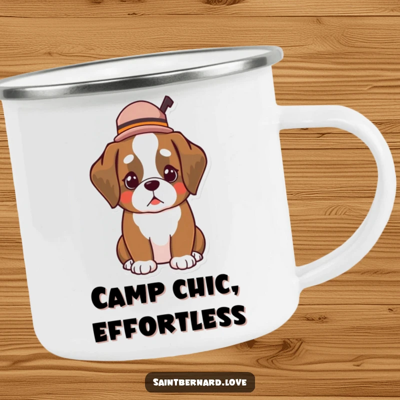 Funny Kawaii Saint Bernard camping mug, showing a dog wearing a small, tilted hat, perfect for stylish outdoor adventures.