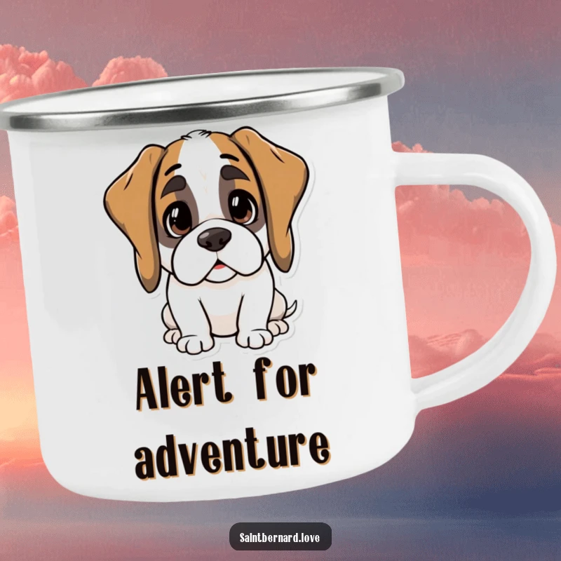 Funny Kawaii Saint Bernard Camping Mug: A cute dog with ears perked in curiosity, perfect for outdoor observation. A great funny gift.