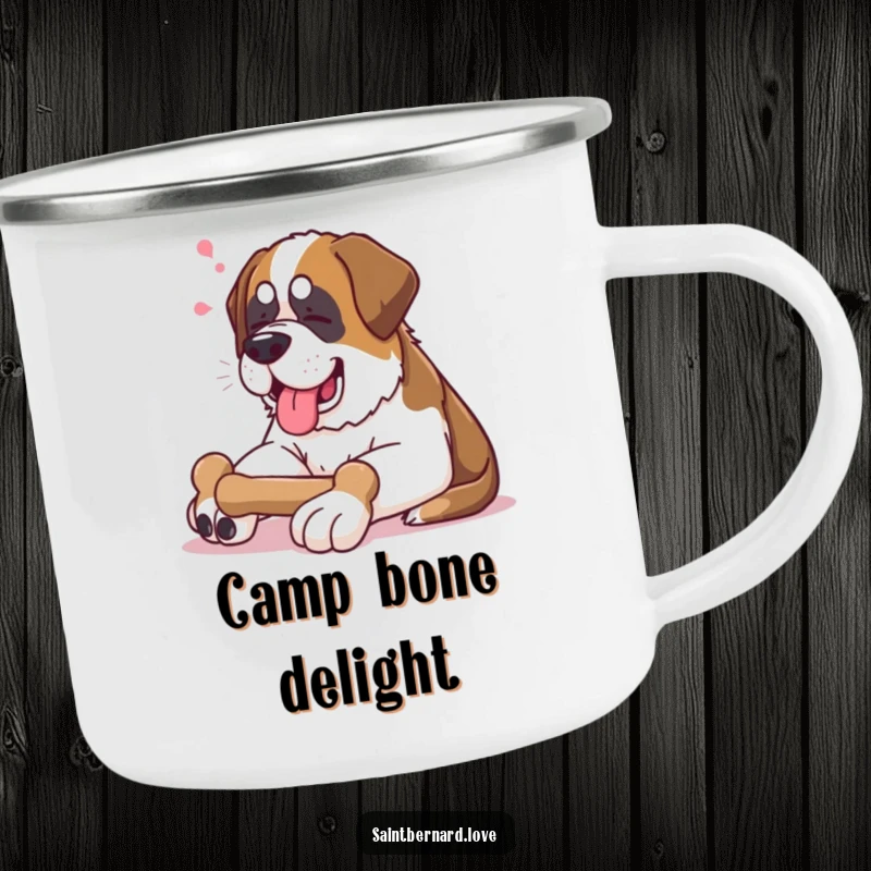 Funny Saint Bernard Camping Mug: Sturdy camping mug with a contented Saint Bernard lounging with a bone, a humorous outdoor accessory.