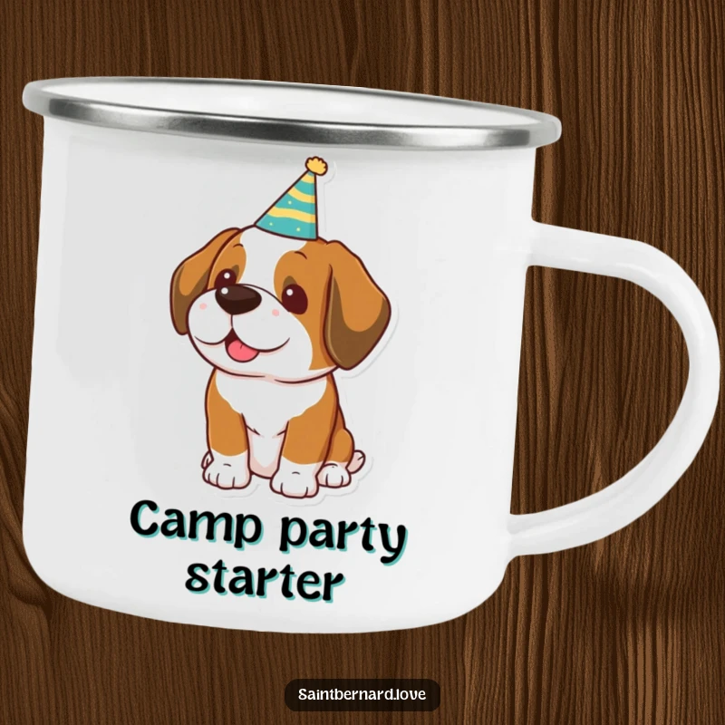 Funny Kawaii Saint Bernard Camping Mug: A durable mug featuring a dog in a party hat, for festive outdoor trips.