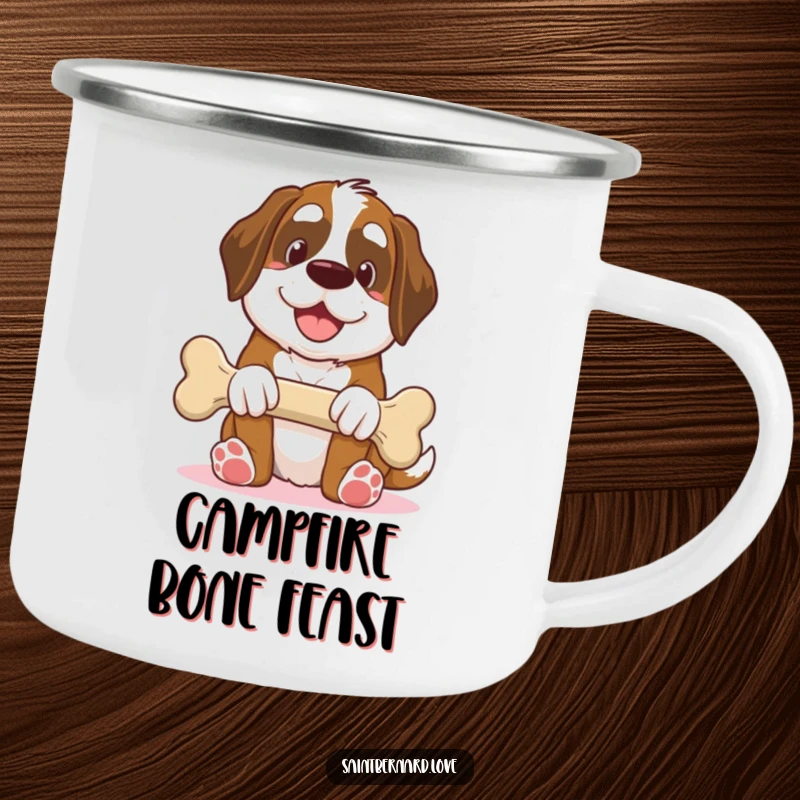 Funny Saint Bernard camping mug, kawaii dog offering giant bone with smile, generous humorous outdoor drinkware, durable, perfect funny gift for campers.