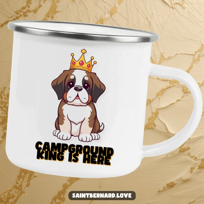 Funny Saint Bernard camping mug, kawaii dog wearing crown sitting proudly, royal humorous outdoor drinkware, durable and stylish, perfect funny gift for campers.