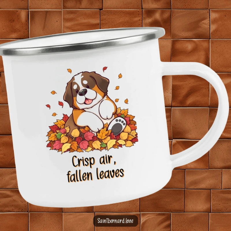 Funny Saint Bernard camping mug showing a large dog blissfully rolling in a pile of autumn leaves, perfect for outdoor fall fun.