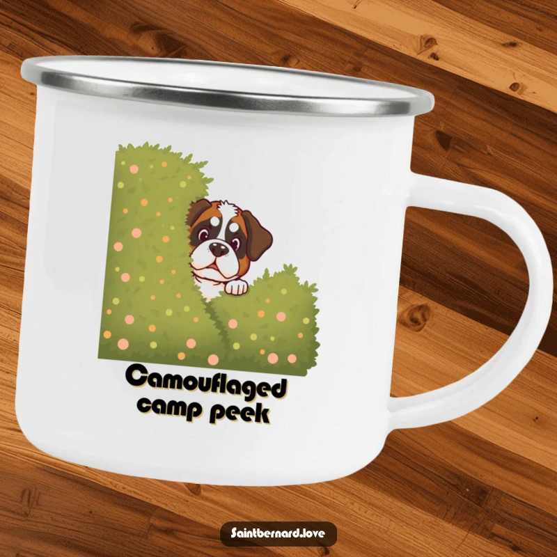 Funny Saint Bernard Camping Mug: Sturdy camping mug with a Saint Bernard peeking mischievously from behind a bush, a humorous outdoor accessory.