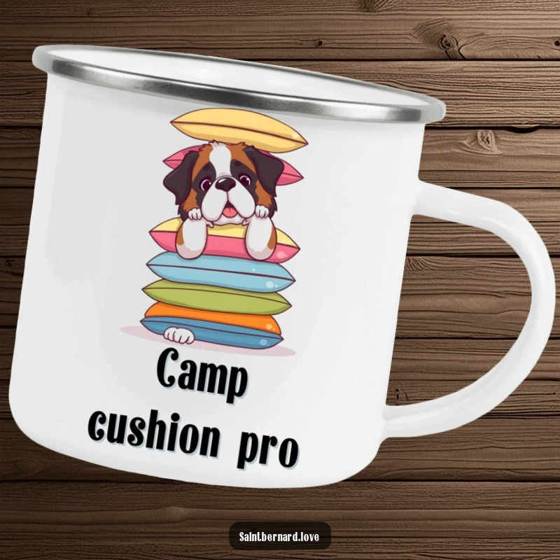 Funny Saint Bernard Camping Mug: Sturdy camping mug with a Saint Bernard hilariously balancing cushions, a humorous outdoor accessory.
