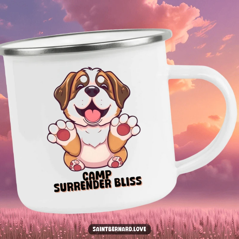 Funny Saint Bernard Camping Mug: Sturdy camping mug with a Saint Bernard with paws up in surrender, looking utterly delighted, a humorous outdoor accessory.