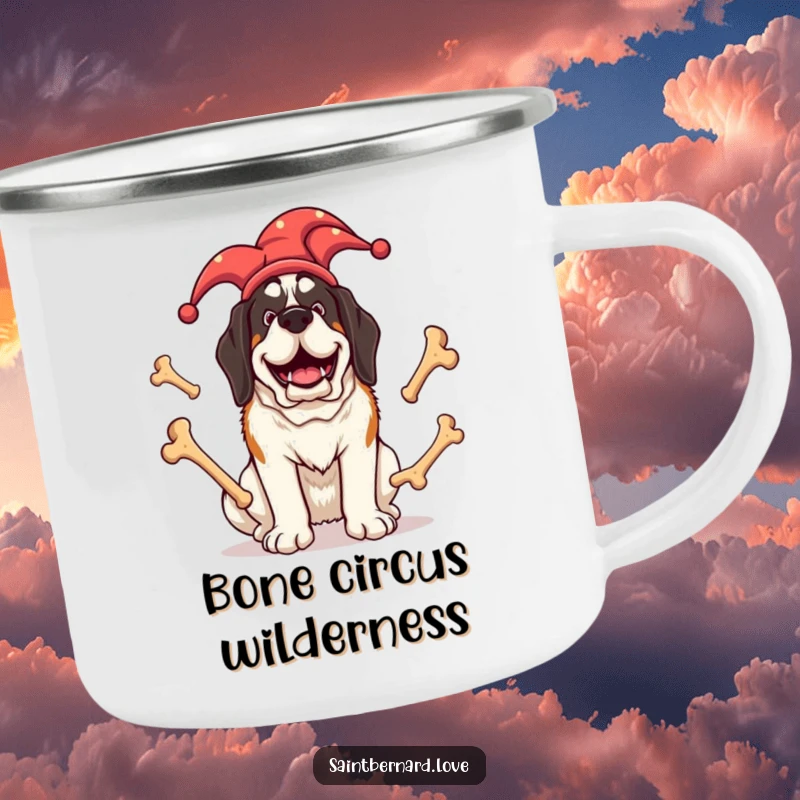Funny Saint Bernard camping mug showing a giant dog in a jester hat, juggling large bones, perfect for enjoying drinks by the campfire.