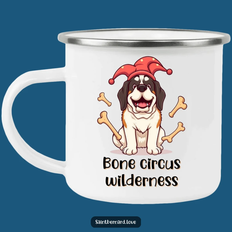 Funny Jester Saint Bernard Camping Mug - Giant Dog Juggling Bones for Outdoor Fun