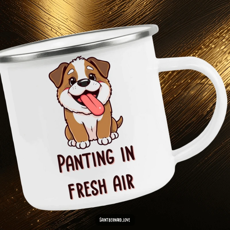 Funny Kawaii Saint Bernard Camping Mug: A happy puppy pants with tongue out, bringing funny, joyful vibes outdoors.