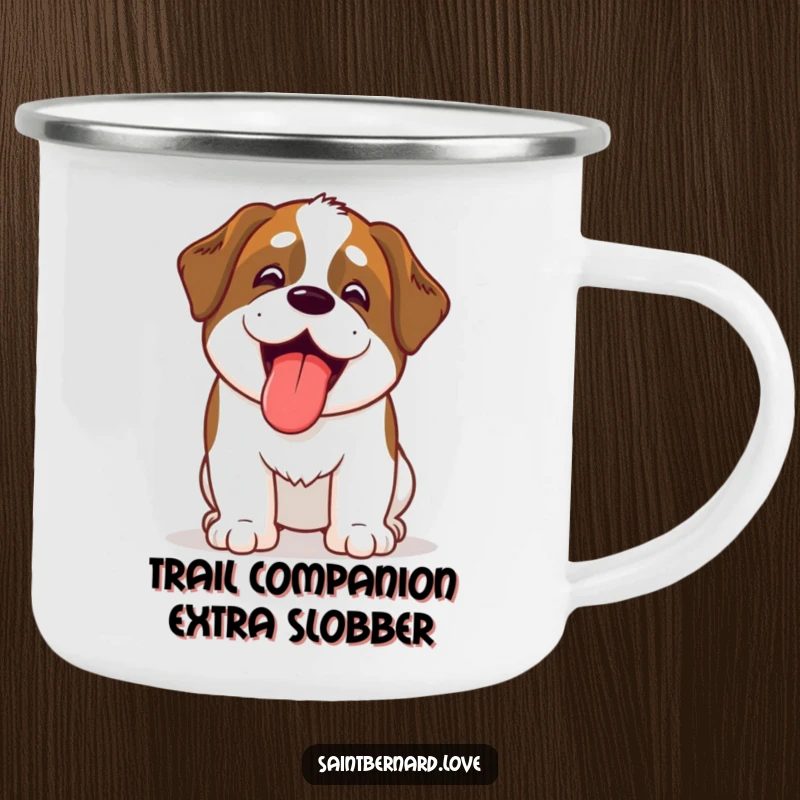 Funny Kawaii Saint Bernard camping mug, a cute dog happily panting with its tongue out, built for rugged, humorous adventures.