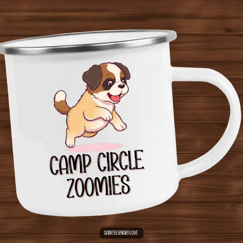 Funny Kawaii Saint Bernard Camping Mug: A kawaii puppy chases its tail in a funny circle, bringing playful puppy vibes outdoors.