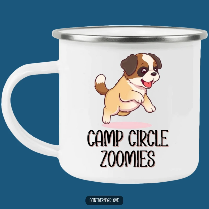 Funny Kawaii Saint Bernard Camping Mug - Tail Chasing Adventure, Pup Fun