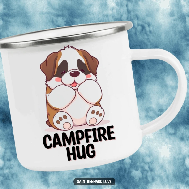Funny Kawaii Saint Bernard Camping Mug: A durable enamel mug shows a cute Saint Bernard giving a big bear hug, perfect for outdoor, funny moments.