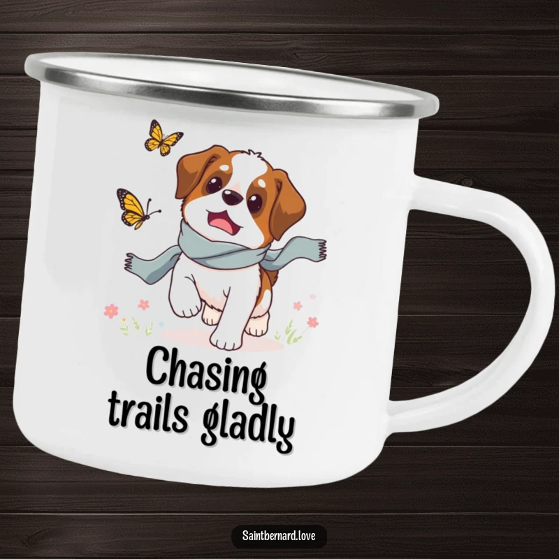 Funny Saint Bernard camping mug, a dog in a scarf chasing a butterfly, humorous and durable outdoor drinkware.