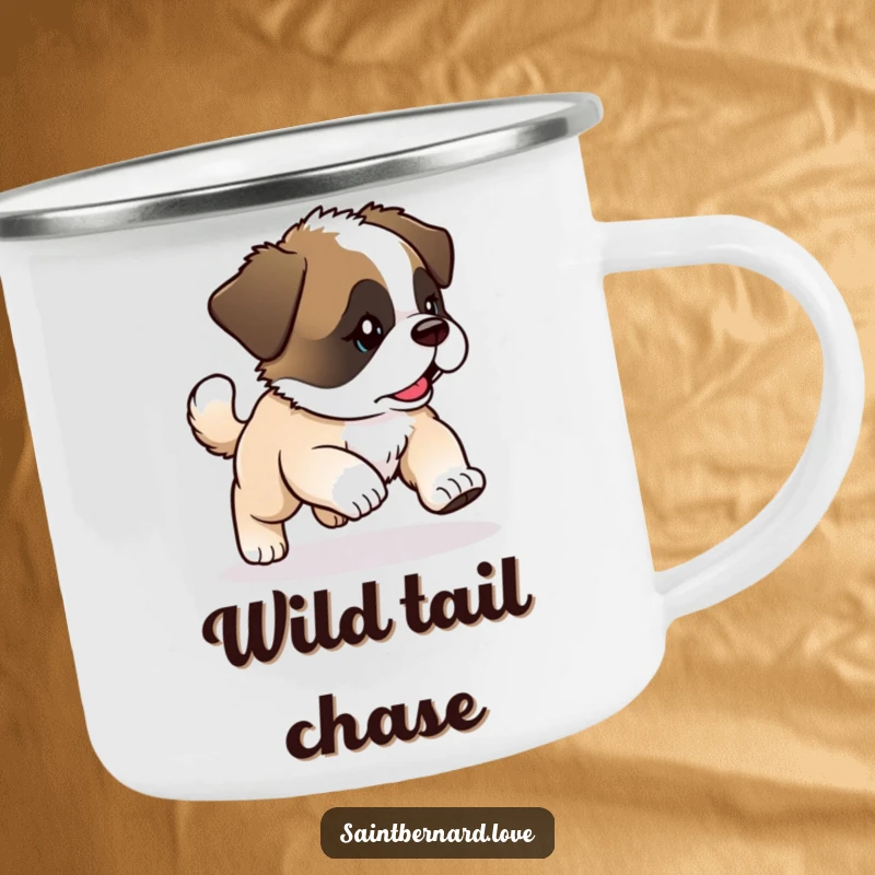 Funny Kawaii Saint Bernard Puppy Camping Mug: Puppy chases tail, outdoor funny gift.