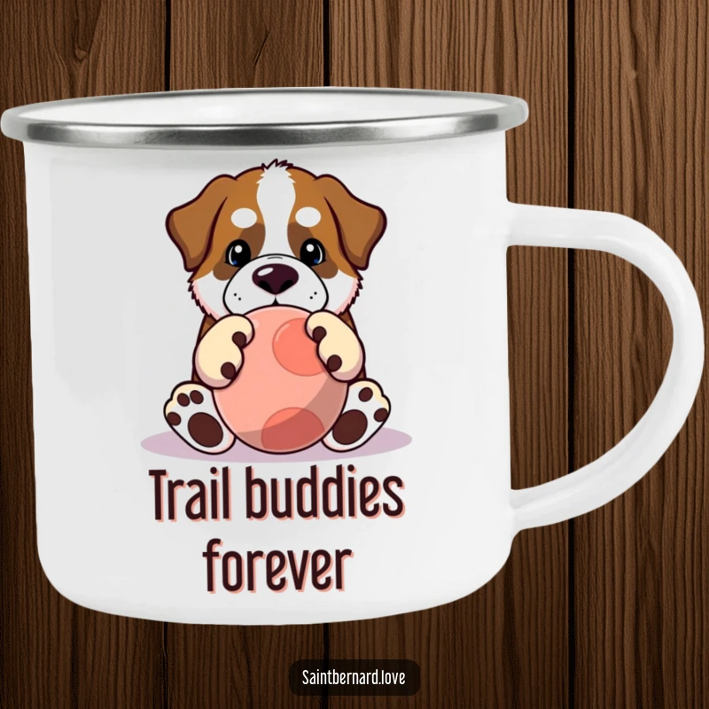 Funny Saint Bernard camping mug showing a cute Kawaii dog with large paws playing with a huge ball. A humorous travel mug.