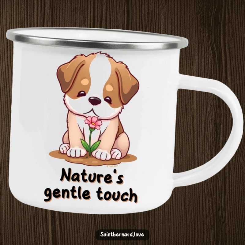 Funny camping mug featuring a soft Saint Bernard character with a gentle expression, planting a tiny flower, perfect for nature trips.
