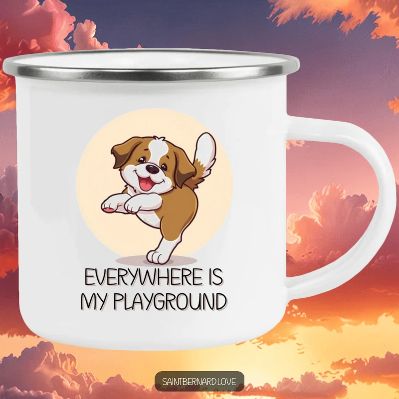 Funny camping mug featuring a Saint Bernard pup joyfully spinning in a circle, chasing its tail, perfect for outdoor adventures.