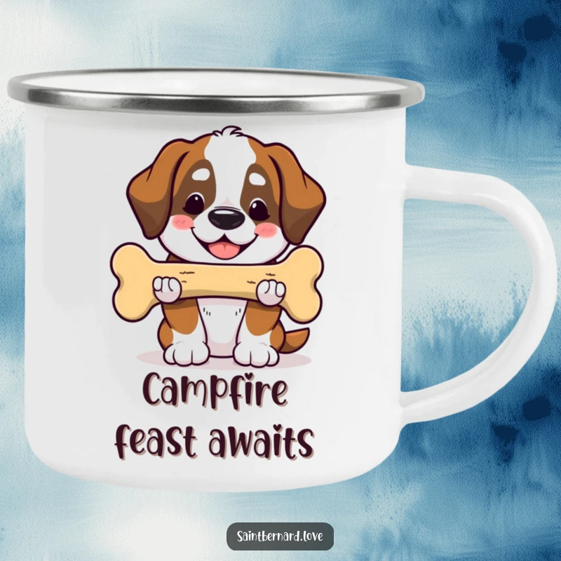 Funny Saint Bernard camping mug showing a cute Kawaii dog smiling and offering a huge bone. A humorous travel mug.