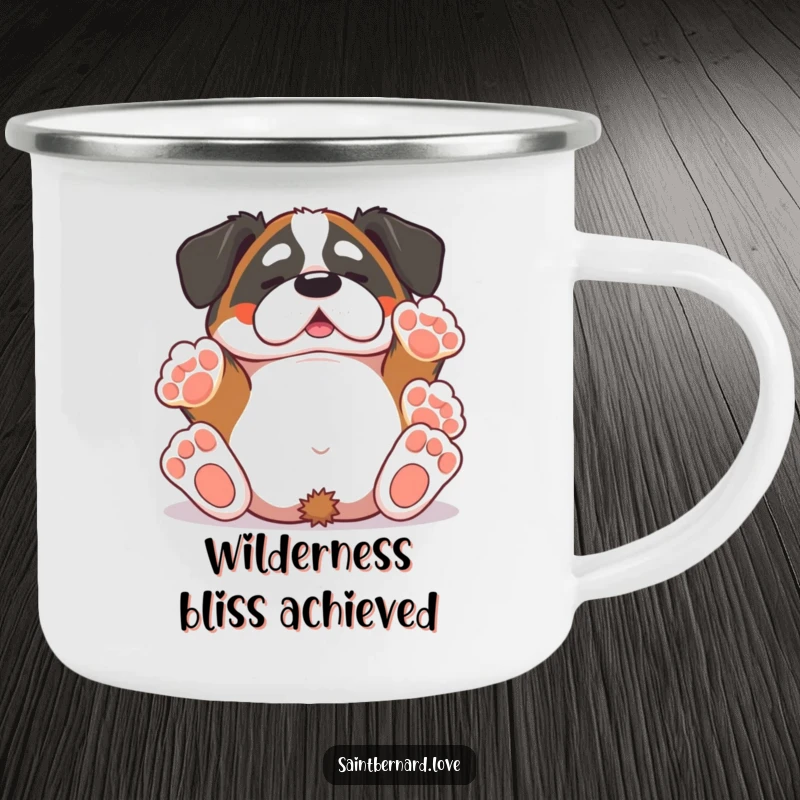 Funny Saint Bernard camping mug showing a kawaii dog rolling on its back, paws up, ideal for sipping hot drinks during outdoor escapades.
