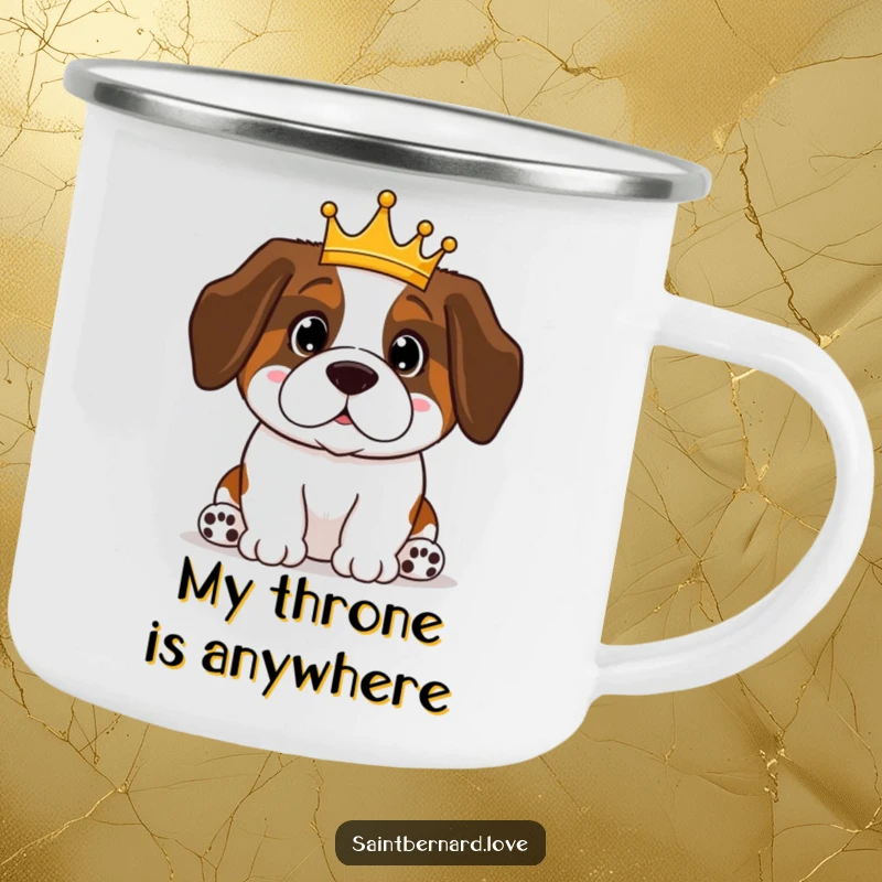 Funny Saint Bernard camping mug showing a proud, crowned Kawaii dog, perfect for outdoor drinks. A humorous travel mug.