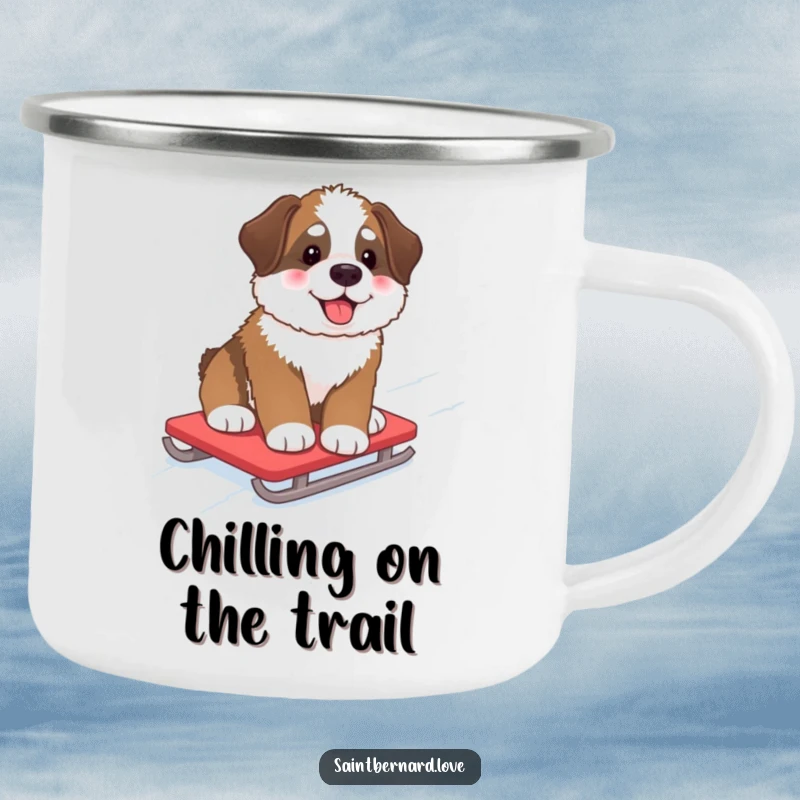 Funny Camping Mug of a fluffy Saint Bernard pup with rosy cheeks, enjoying a snowy sled ride down a hill, ready for outdoor warmth.