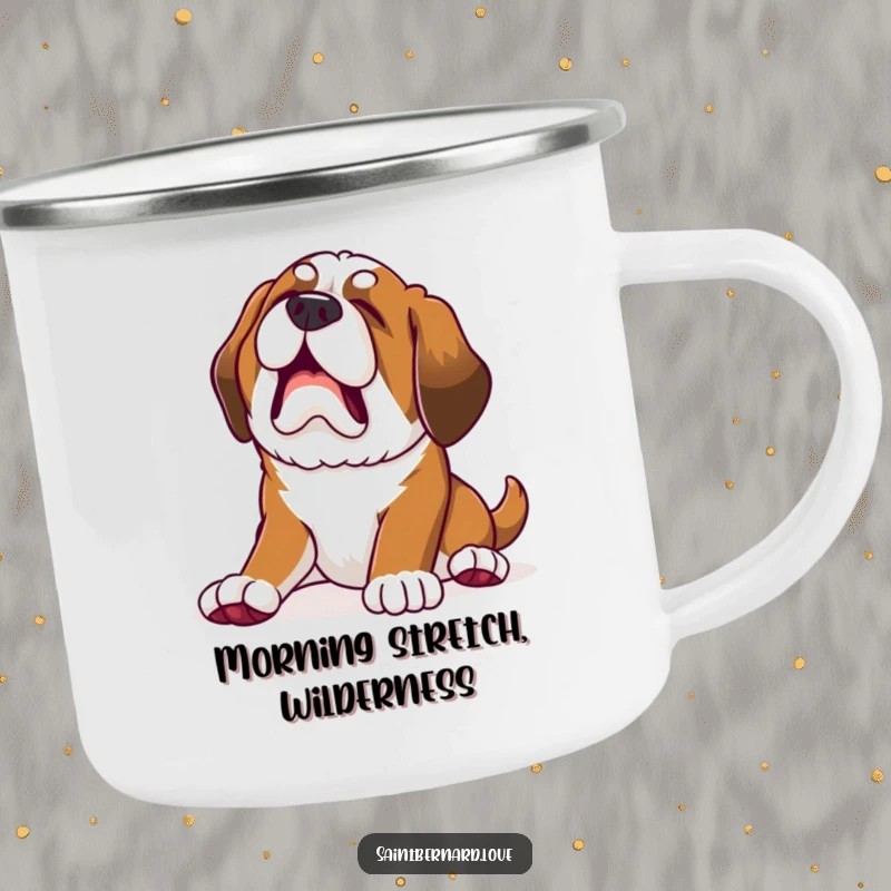 Funny Kawaii Saint Bernard Puppy Camping Mug: Puppy stretches with a huge yawn, outdoor funny gift.