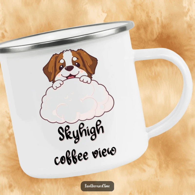 Funny Saint Bernard cloud camping mug showing a smiling dog peeking over a fluffy cloud, ready for outdoor fun.