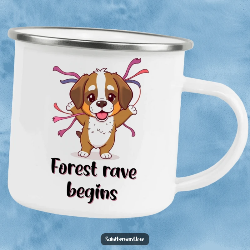 Funny Saint Bernard camping mug showing a dog dancing with streamers, perfect for outdoor celebrations and festive hot beverages.