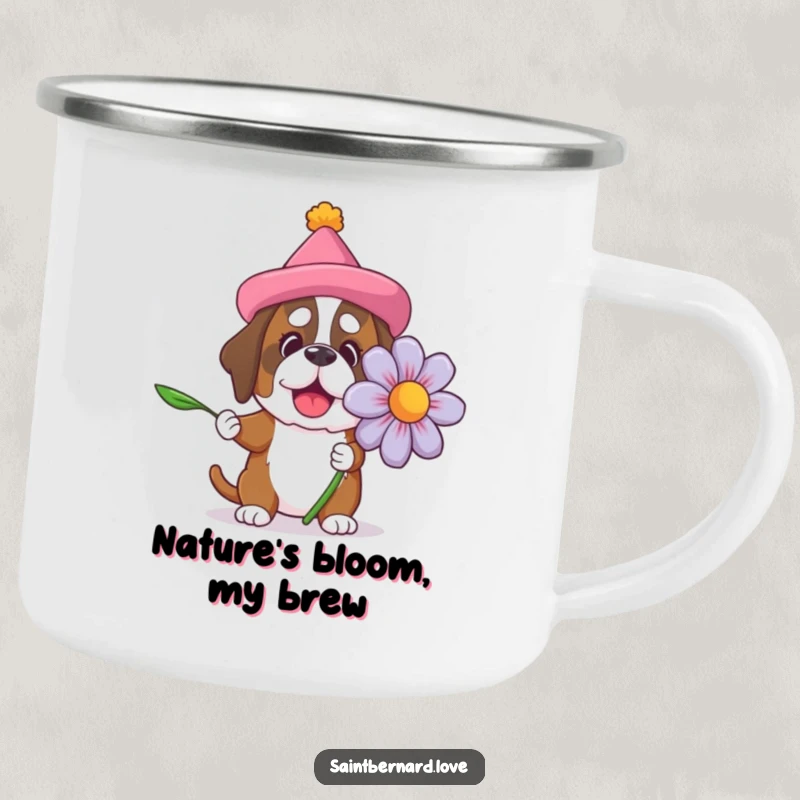Funny Saint Bernard camping mug showing a dog in a silly hat offering a giant flower, ideal for outdoor humor and hot drinks.