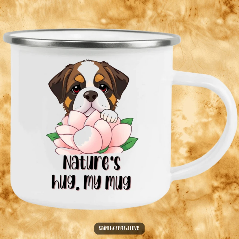 Funny Saint Bernard camping mug featuring a dog peeking over a flower, ready for outdoor adventures with a comical expression.