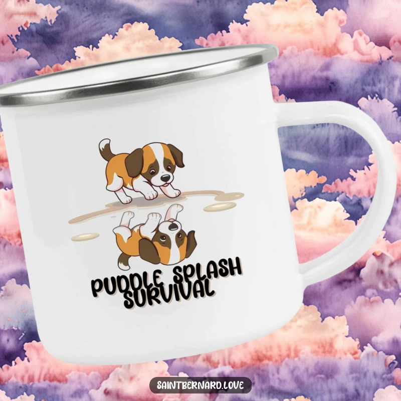 Funny Saint Bernard Puddle Camping Mug showing a dog with a happy wagging tail, chasing its reflection, perfect for outdoor enjoyment.