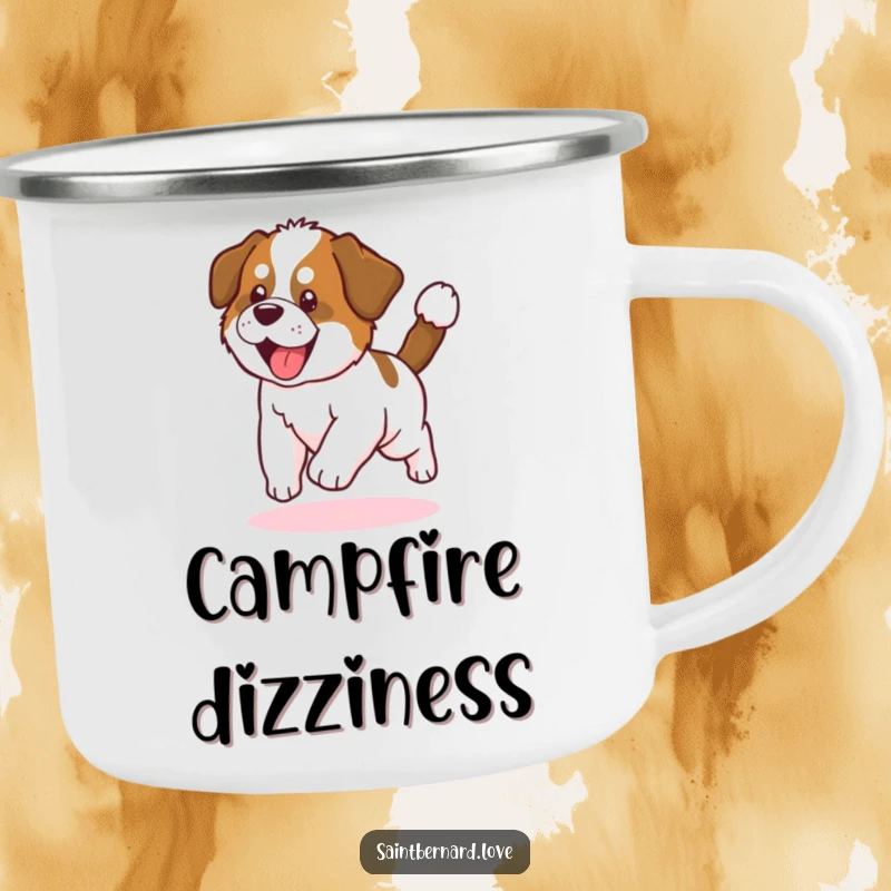 Funny Saint Bernard Puppy Camping Mug: Adorable puppy chasing tail in a circle, durable and fun for outdoor trips, perfect for any drink.