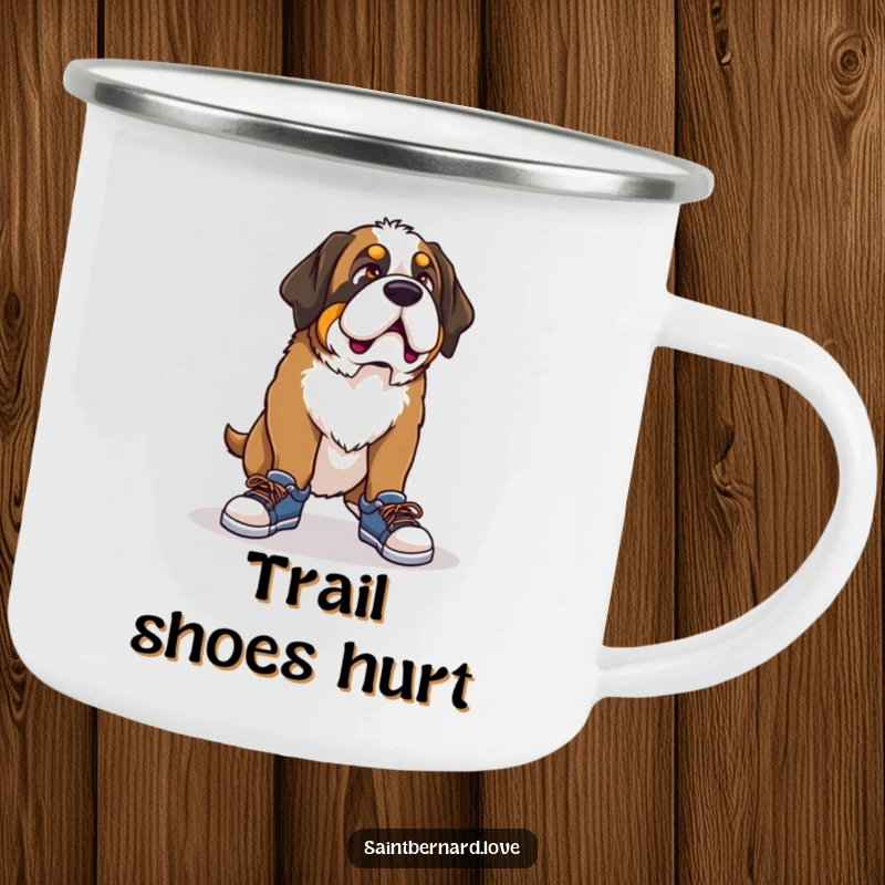 Funny Saint Bernard camping mug, a durable mug showing a dog with a comical expression trying to wear tiny shoes, perfect for outdoor fun.