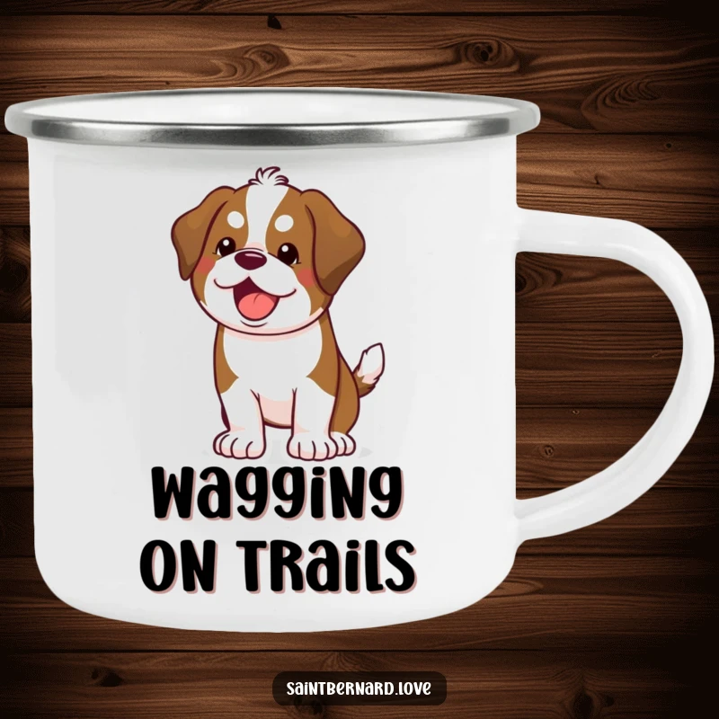 Funny Kawaii Saint Bernard Camping Mug: A durable mug featuring a happy dog wagging its tail, for outdoor fun.