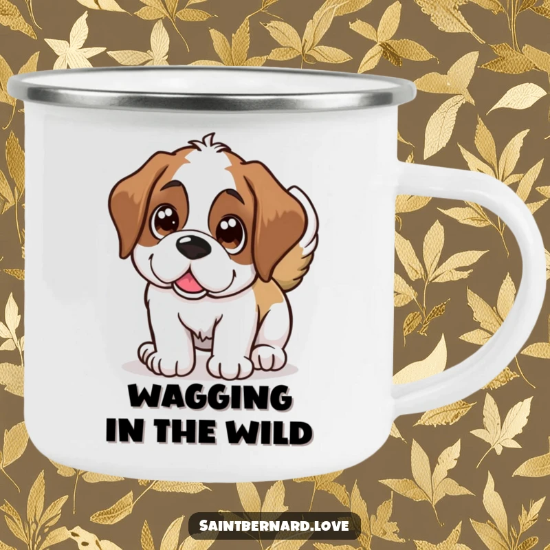 Funny Saint Bernard camping mug, a happy dog wagging its tail, humorous and durable outdoor drinkware.