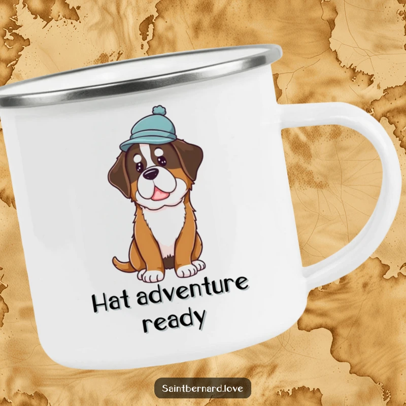 Funny Saint Bernard Hat Camping Mug showing a dog in a hat tilting its head curiously, perfect for enjoying drinks outdoors.