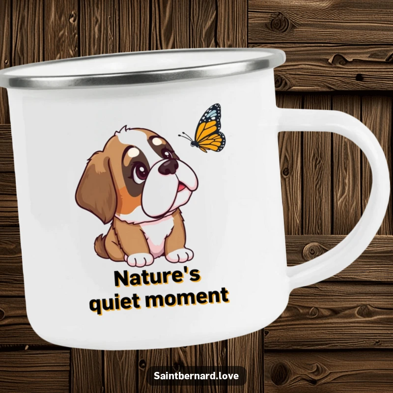 Funny Saint Bernard camping mug showing a loyal dog with one ear down, curiously watching a butterfly, perfect for enjoying drinks in nature.