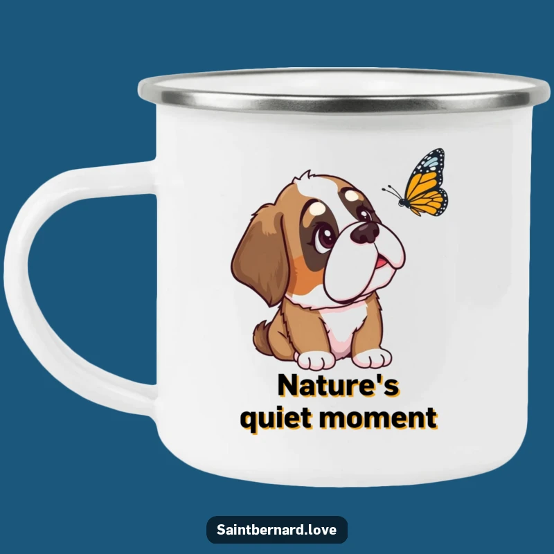 Funny Saint Bernard Camping Mug: Curious Dog Watching Butterfly, Outdoor Wonder
