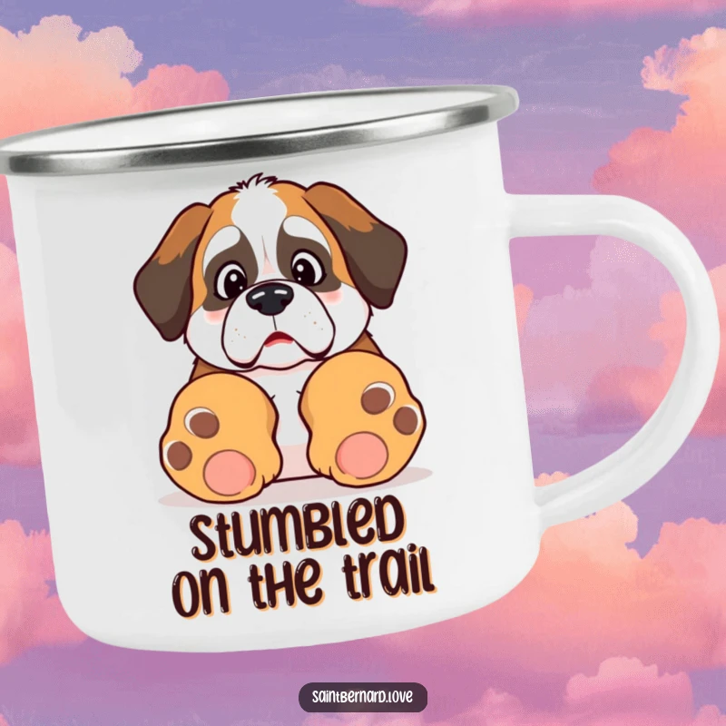 Funny Kawaii Saint Bernard camping mug, showing a surprised dog tripping over its paws, perfect for outdoor fun and laughs.