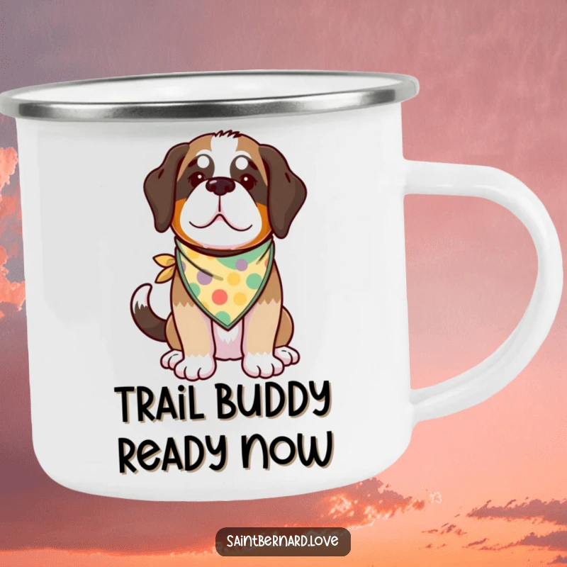 Funny Kawaii Saint Bernard Camping Mug with a happy dog, wagging tail, and bandana, designed for rugged outdoor fun.
