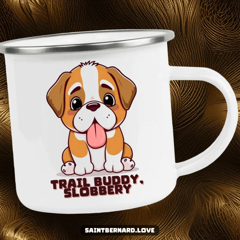 Funny Kawaii Saint Bernard camping mug, showing a happy panting dog offering a slobbery toy, perfect for outdoor adventures.