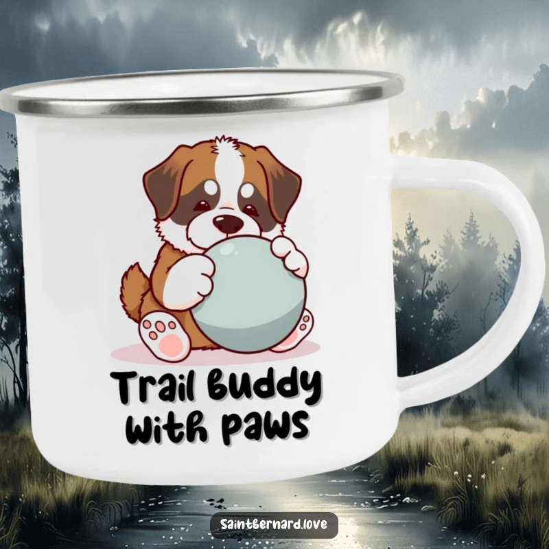Funny Saint Bernard camping mug, kawaii dog with big paws playing large ball, playful humorous outdoor drinkware, durable, perfect funny gift for campers.