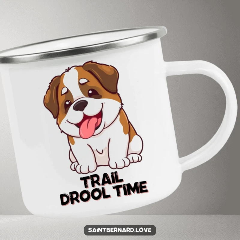 Funny Kawaii Saint Bernard Camping Mug: A durable enamel mug shows a cute Saint Bernard playfully slobbering, perfect for outdoor, funny moments.
